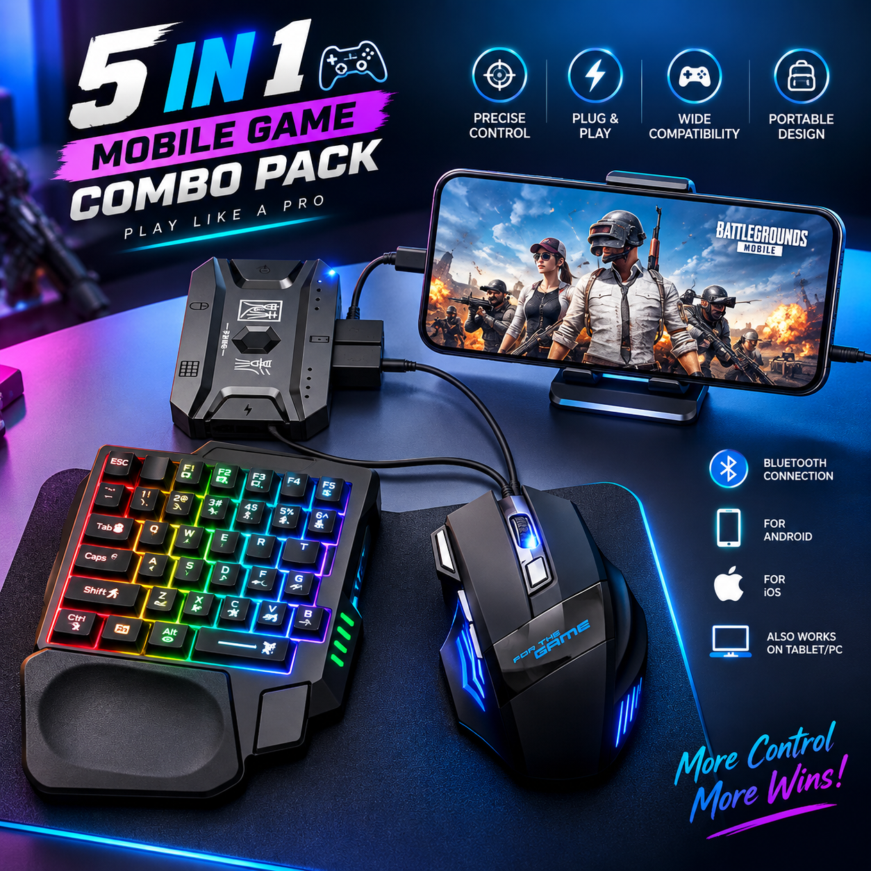 5 in 1 Mobile Game Combo Pack – Phone, Mouse & Keyboard