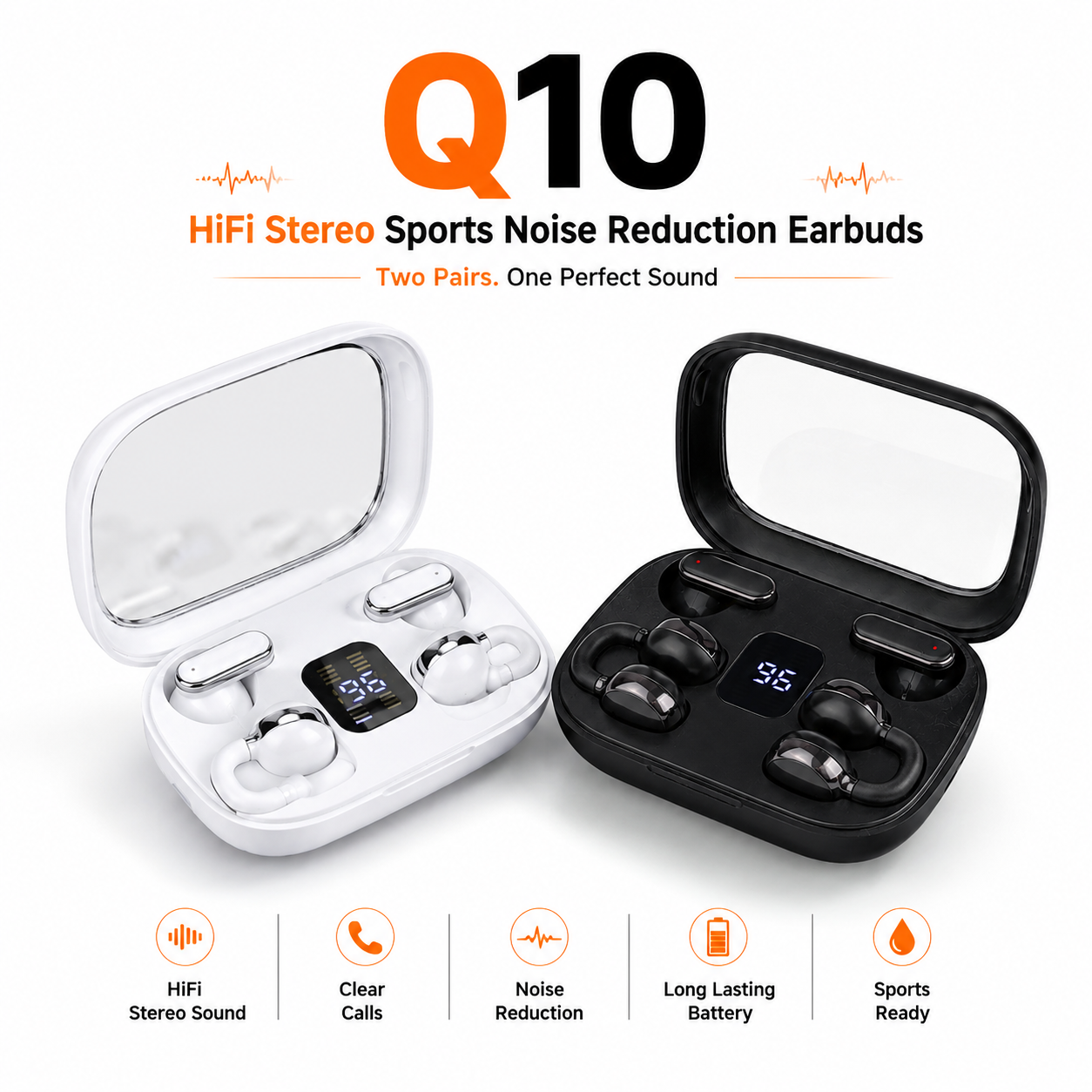 Q10 HiFi Stereo Sports Wireless Earbuds (2 Pairs) – 4-in-1 Combo Set